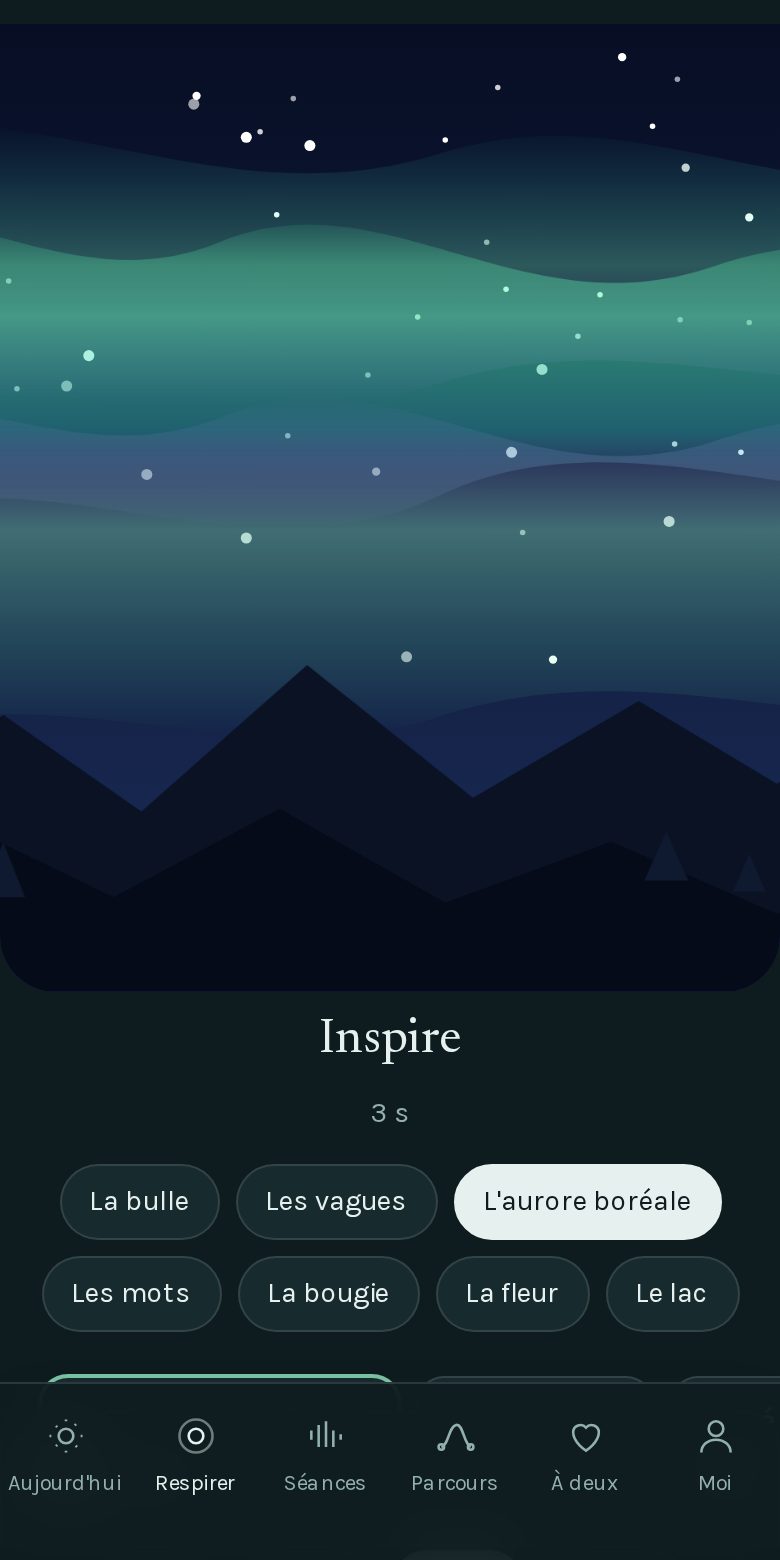 Respiration avec l'aurore boréale, en fond nuit